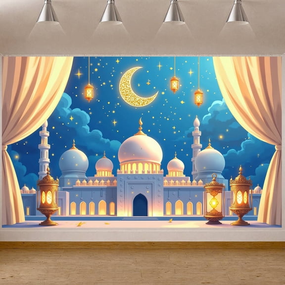 Golden Calligraphy Ramadan Banner Blue Night Sky Islamic Backdrop Ornate Crescent Moon Illuminated Lanterns Mosque Scene Display for Ramadan Celebration Family Gathering Religious Ceremony