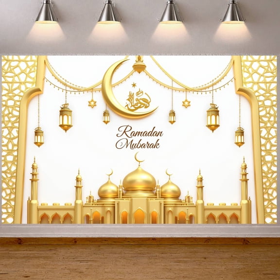 Golden Calligraphy Ramadan Banner Blue Night Sky Islamic Backdrop Ornate Crescent Moon Illuminated Lanterns Mosque Scene Display for Ramadan Celebration Family Gathering Religious Ceremony