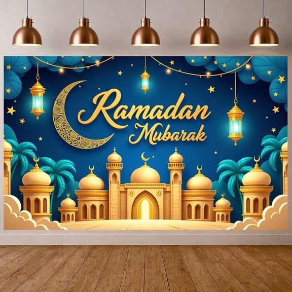 Golden Calligraphy Ramadan Banner Blue Night Sky Islamic Backdrop Ornate Crescent Moon Illuminated Lanterns Mosque Scene Display for Ramadan Celebration Family Gathering Religious Ceremony