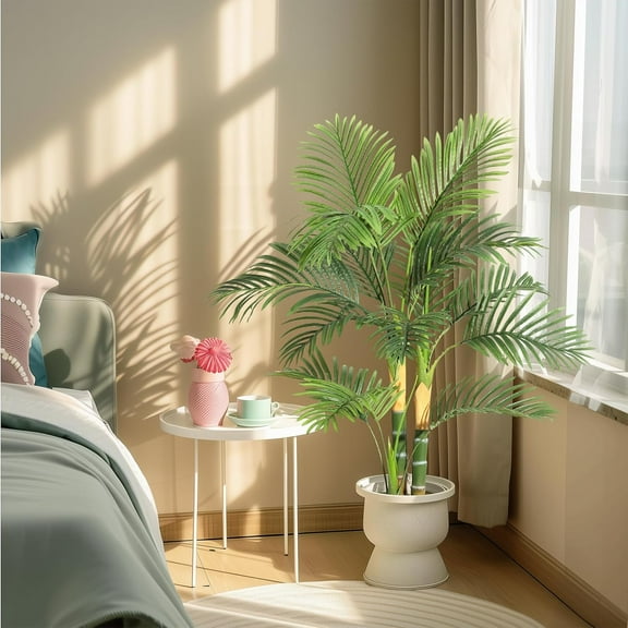 Golden Cane Palm Artificial Tree, 4ft Fake Tropical Palm Plant, Pre Potted Faux Greenry Plant for Indoor Outdoor Home Decor Office House Living Room