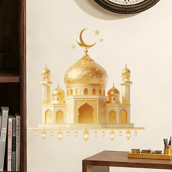 Golden Castle Stickers With Metallic Finish, Festival Decoration Theme And Peel-And-Stick Design For Wall Decor, Party Backdrop And Kids Room