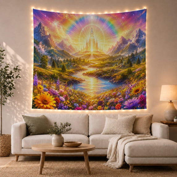 Golden Castle with Winding Blue River, Dreamy Fantasy Style for Fantasy Art Lovers, Castle Wall Decor Housewarming Gift, Tapestry Wall Hanging for Bedroom and Dorm