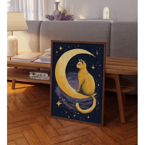 Golden Cat Crescent Moon Witchy Celestial Art, Unframed Paper Poster 8x10in