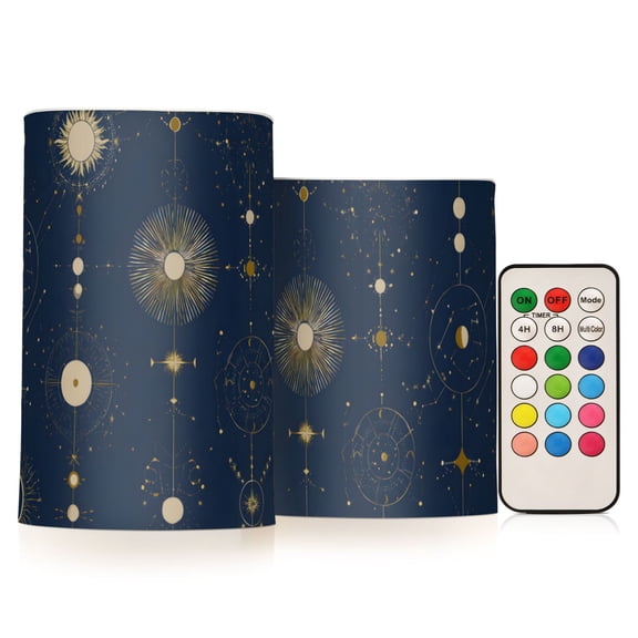 Golden Celestial Map Flameless LED Candle Set with Remote, Battery Operated Color Changing Pillar Candles, Set of 2