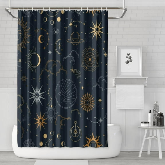 Golden Celestial Sun Moon Shower Curtain, Witchy Gothic Starry Night Aesthetic Fabric Print, Waterproof and Machine Washable with Hooks, Ideal for Home, Dorm, Airbnb, or Boutique Use