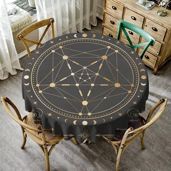 Golden Celestial Table Cloth, Magical Galaxy with Ornate Moon Phases Boho Tarot Round Tablecloth for Home Kitchen Dining Party Patio Indoor Outdoor 60x60nch