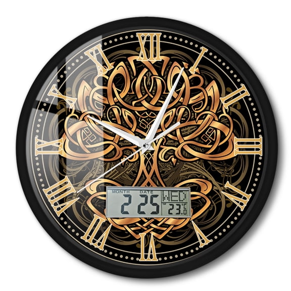 Golden Celtic Tree Of Life Wall Clock with Digital LCD Module Shows Temperature Calendar Date Week