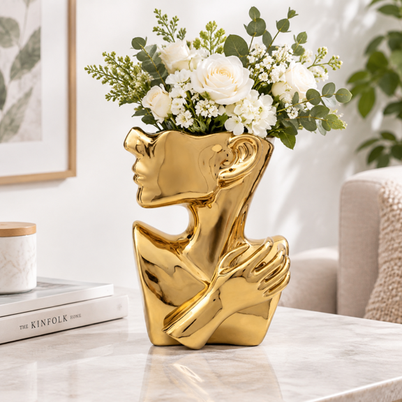Golden Ceramic Face Vase, 9.84 Inches High, Decorative Bust Planter for Table or Shelf