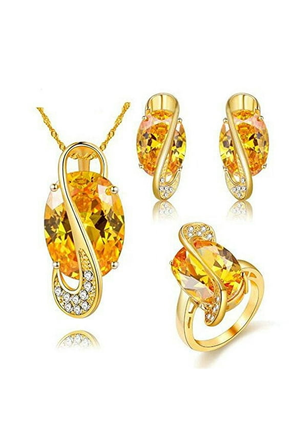 Golden Chain Pendant Necklace Yellow Crystal Stud Earrings Rings Set for (Gold Plated, Yellow Stone, Size 7) Y183