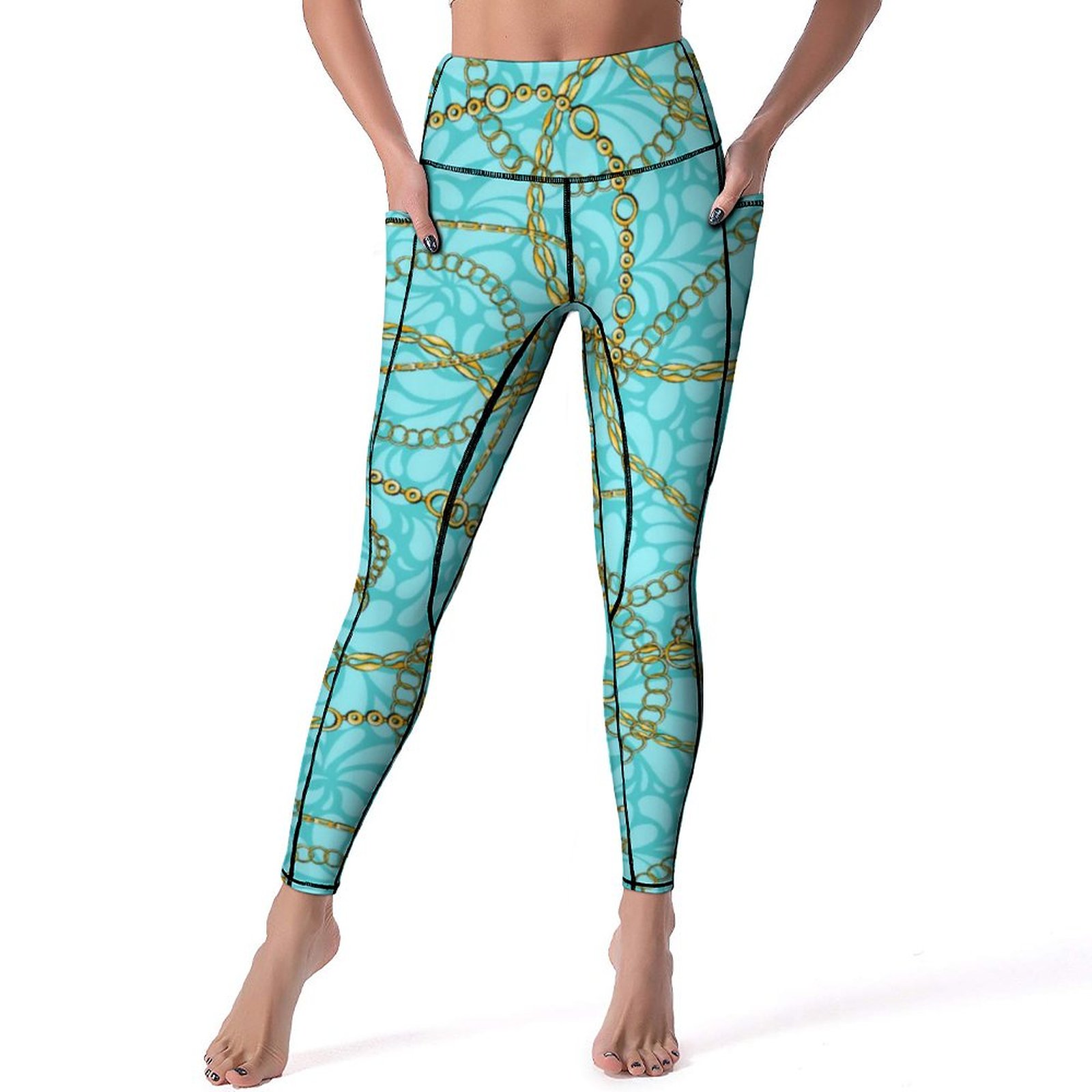 Abstract Gradient Thin And Long Gold Line Pattern Print Gym Leggings Women's Yoga Pants