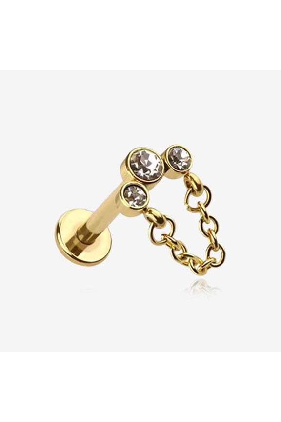 Golden Chained Sparkle Trio Gem Top Internally Threaded Labret Flat Back Stud