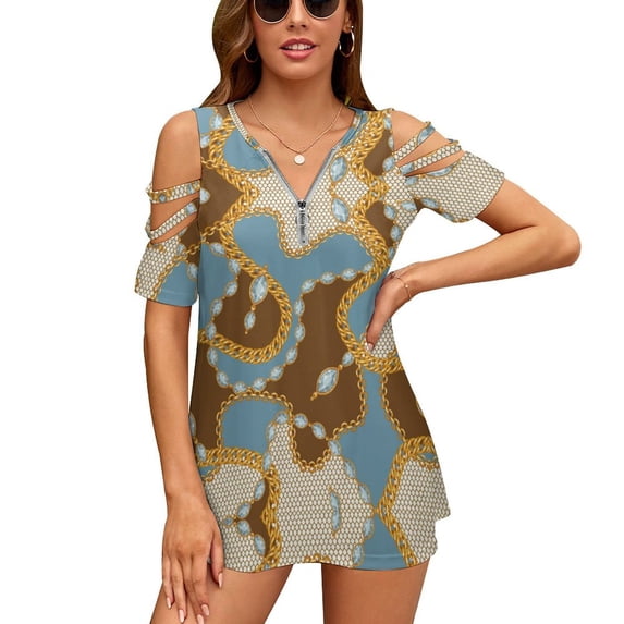 Golden Chains And Lace Womens Summer V Neck Zipper Top Short Sleeve T Shirt Off Shoulder Top Casual Classy Loose Shirts