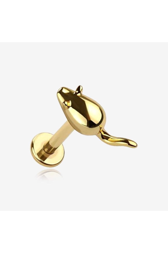 Golden Charming Little Mouse Top Internally Threaded Labret Flat Back Stud