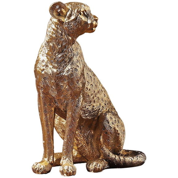 Golden Cheetah Statue, 5.1 x 3.3 x 6.1 in / 13 x 8.5 x 15.5 cm Leopard Sculpture, Resin Sitting Leopard Figurine Home Decor, Modern Office Desktop Art Ornament