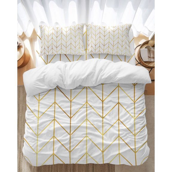 Golden Chevron Bedding Duvet Cover Set Full Size 4 Pieces Lines Abstract Geometric Minimalist Bedding Set with Zipper Closure, 1 Comforter Cover 86x90 Inches 1 Flat Sheet & 2 Pillow Cases