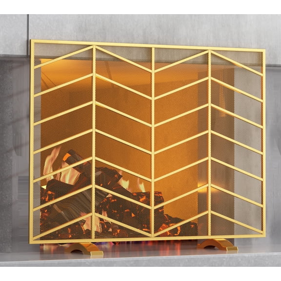 Golden Chevron Mesh Fireplace Screen, Single Panel Wrought Iron Spark