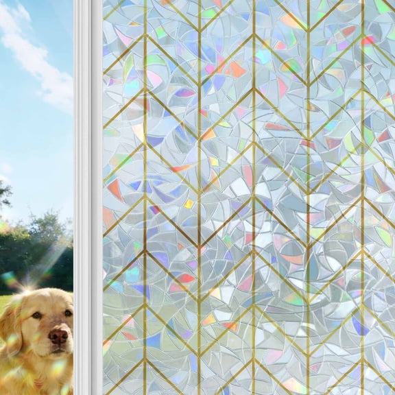 Golden Chevron Rainbow Window Privacy Film, Lines Abstract Geometric Minimalist Stained Glass Window Film, Sun Blocking Glass Clings Static Cling Non Adhesive Door Stickers 29.5 x 118 Inches