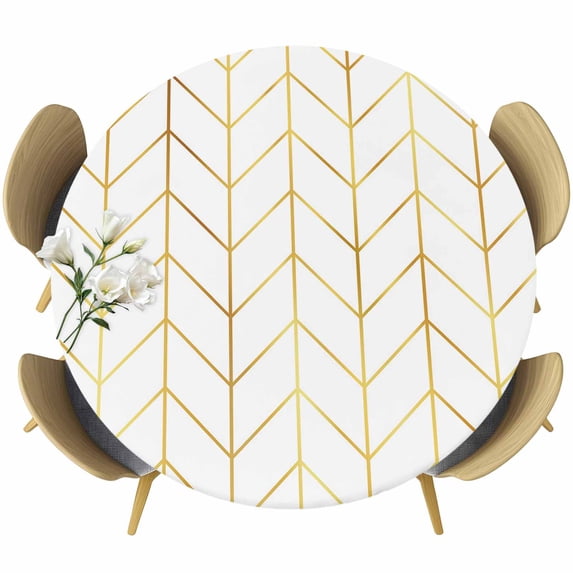 Golden Chevron Round Fitted Table Cover Lines Abstract Geometric Minimalist Waterproof Table Cloth with Elastic Edge Wipeable Tablecloth for Picnic Camping Party Fits 55"-60" Diameter