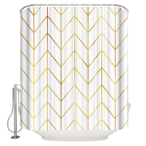 Golden Chevron Shower Curtain, 36" x 72", Lines Abstract Geometric Minimalist Waterproof Bathroom Curtain Washable Shower Curtain Set with 12 Hooks