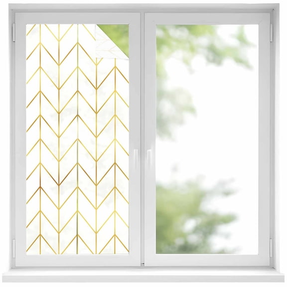 Golden Chevron Window Privacy Film Lines Abstract Geometric Minimalist Decorative Glass Window Film UV Blocking Static Cling Non-Adhesive Sticker Covering for Home Door 19.6 x 39.3 inches