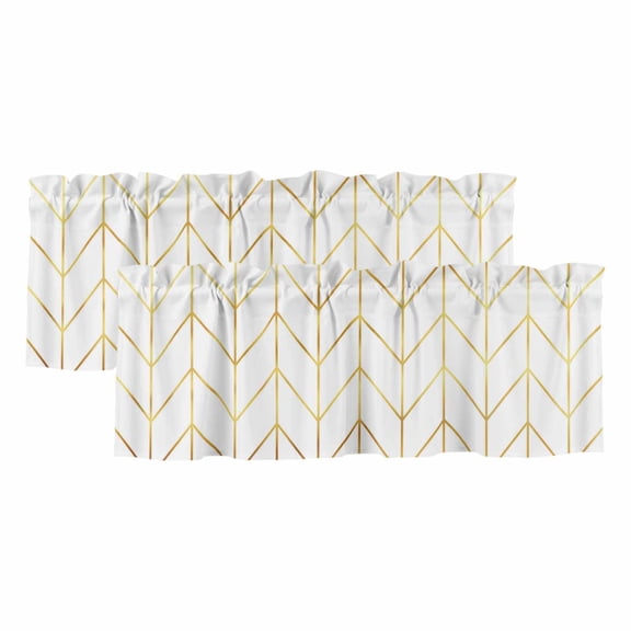 Golden Chevron Window Valance, Lines Abstract Geometric Minimalist 2 Pack Decorative Curtain for Small Windows, Light Filtering Valance with 3” Rod Pocket, 42"W x 12"L