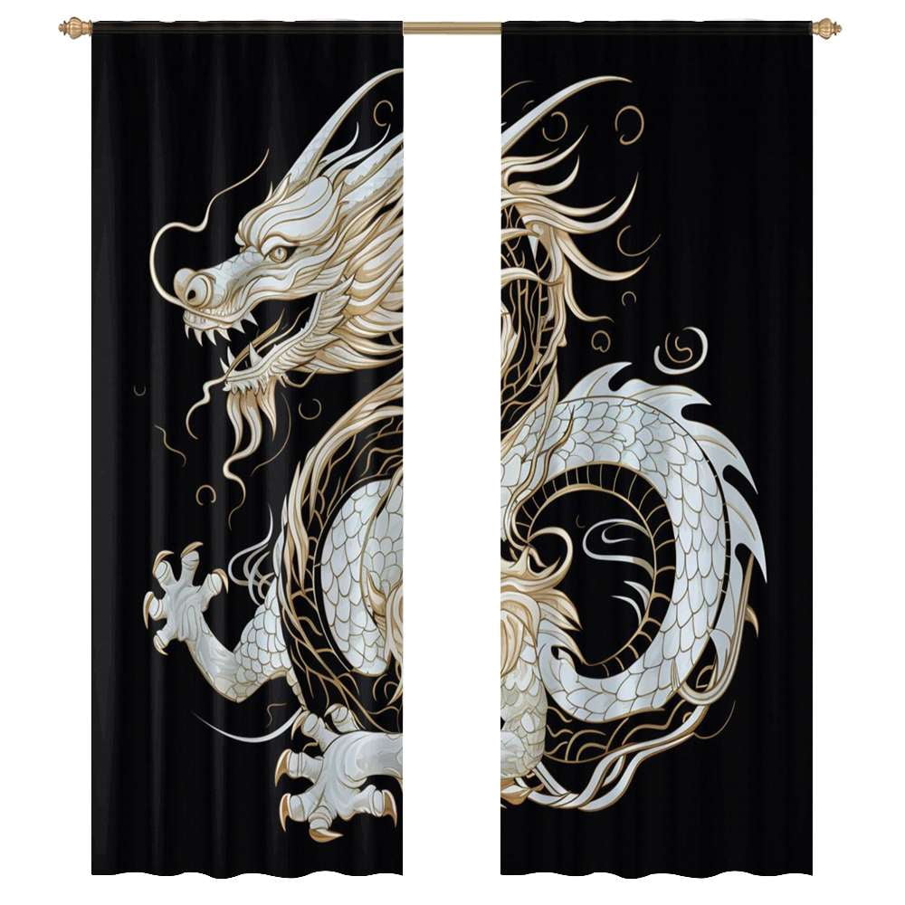 Golden Chinese Dragon Illustration Modern Tulle Window Curtains for ...