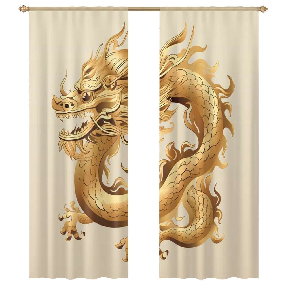 Golden Chinese Dragon Illustration Sheer Window Curtains for Living ...