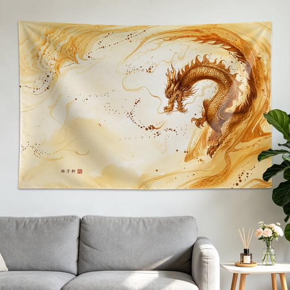 Golden Chinese Dragon Ink Painting Wall tapestry,Large size Printed Horizontal Tapestry blanket,Polyester Fabric Wall Hanging for living room,bedroom,Gift for Family and Friends