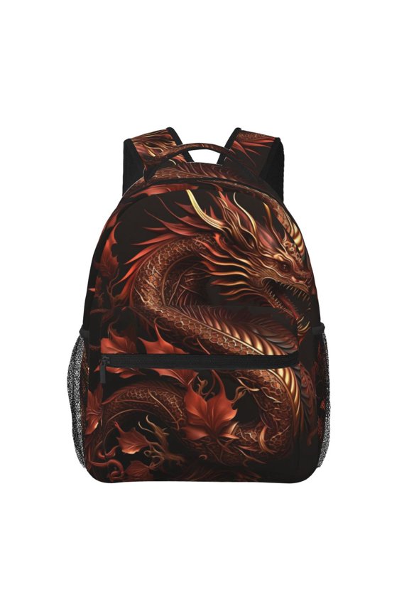 Golden Chinese Dragon Red Art Backpack Casual College Bag Zipper Laptop Daypack Hiking Rucksack Travel