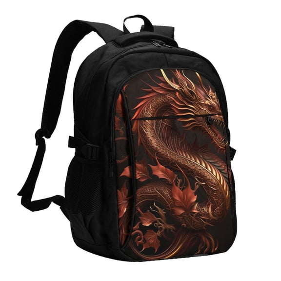 Golden Chinese Dragon Red Art Laptop Backpack with USB Charging Headphone Port Casual Daypack Bag College Business Travel