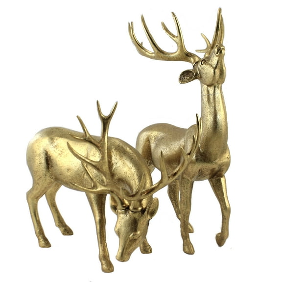 Golden Christmas Deer - Two Figurines 16.25 Inch, Resin - Head Up Head Down 134469