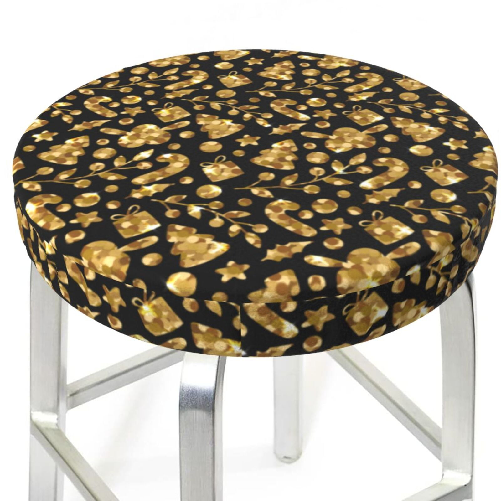 Golden Christmas Round Bar Stool Seat Covers, Elastic Round Chair Cover
