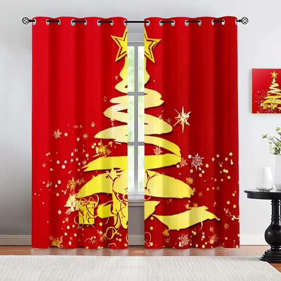 Golden Christmas Tree Blackout Window Curtain, Retro Red Background Privacy Drapes,Grommet Drapes For Living Room Playroom Dorm Door 21"W x 45"L (Pack of 2)