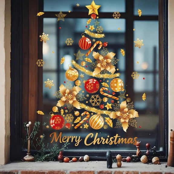 Golden Christmas Tree Gifts Wreath Window Clings Stickers for Glass, Large Static Wall Window Door Mural Showcase Decal Sticker,Xmas Holiday Party Decoration Acessories (C)