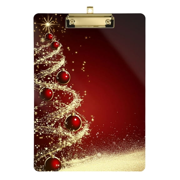 Golden Christmas Tree Red Light Ball Acrylic Clipboard Drawing Board with Hook Writing Pad File Storage A4 Size Gold 12.5" x 9"