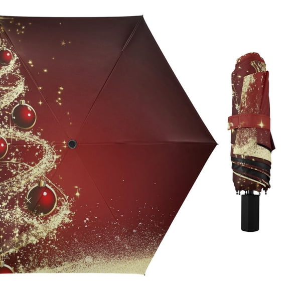 Golden Christmas Tree Red Light Ball All Weather Umbrella Triple Folding Parasol 6 Ribs UV Protection Portable