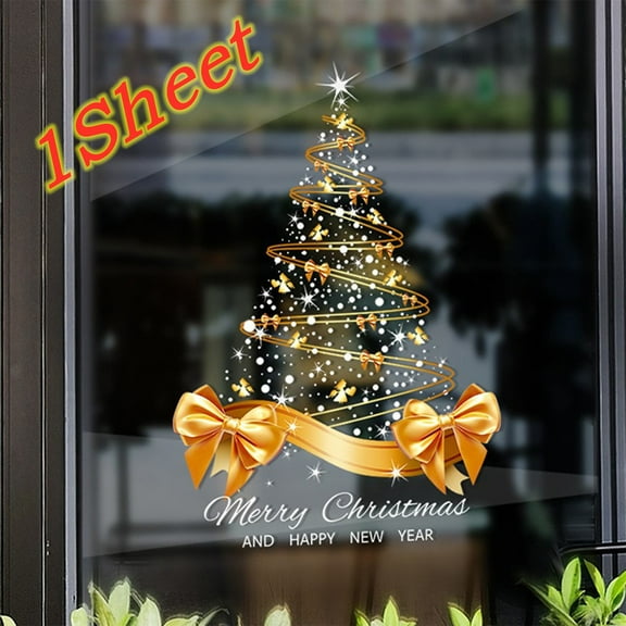 Golden Christmas Tree Window Clings Stickers 16x20 Inch 1 Pack Large Window Stickers Wall Decal PVC Static Wall Window Door Mural Showcase Decal Christmas Decorations