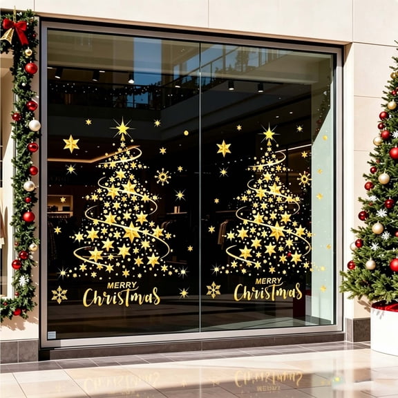 Golden Christmas Tree Window Clings Stickers for Glass, Large DIY Static Wall Window Door Mural Showcase Decal Sticker (yellow)