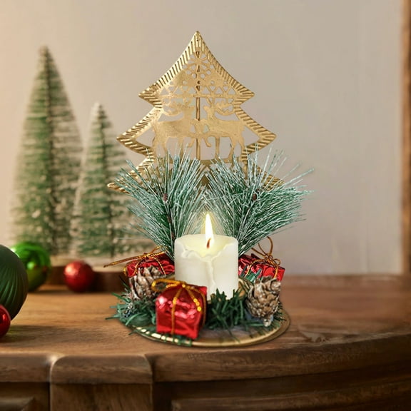 Golden Christmas Tree Wrought Iron Window Display Candle Tray – Christmas Holiday Table Centerpiece Holder for Pillar Taper Candles Entryway Dining Room Decor