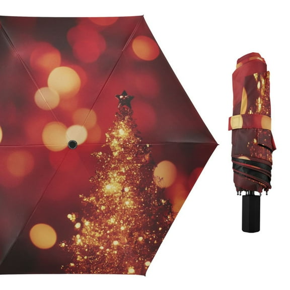 Golden Christmas Tree with Light All Weather Umbrella Triple Folding Parasol 6 Ribs UV Protection Portable