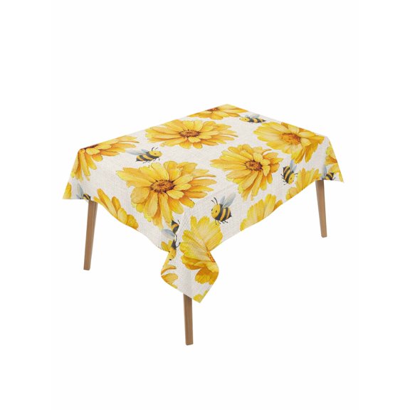 Golden Chrysanthemum Table Cloth, Waterproof Tablecloth for Rectangle Tables, Farmhouse Bees Floral Burlap Reusable Washable Fabric Table Cover for Restaurant Kitchen Dining Tables 52"x70"