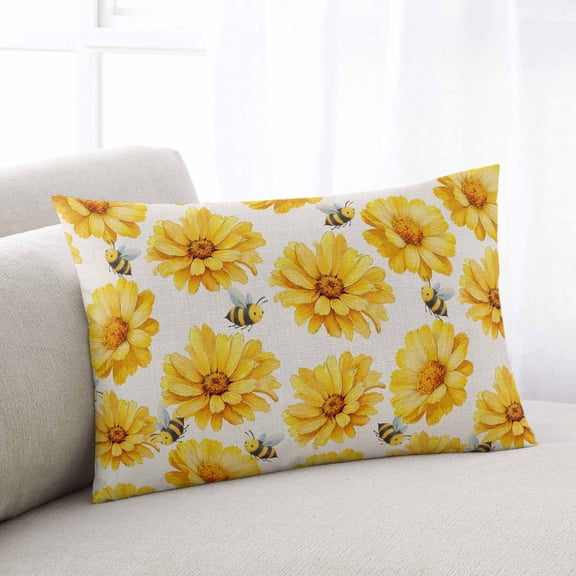 Golden Chrysanthemum Throw Pillow Covers, Farmhouse Bees Floral Burlap Soft Breathable Pillow Cases with Invisible Zipper for Sleeping, Queen Size Pillowcases for Couch Bed Sofa Chair 20x30 Inches