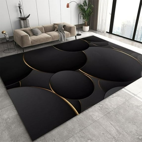 Golden Circle Irregular Geometry Area Rug, Black Background Non Slip Carpet, Fade Resistant Easy Machine Washable Rug For Indoor Outdoor Hardwood Floors Home Decor 1x2ft