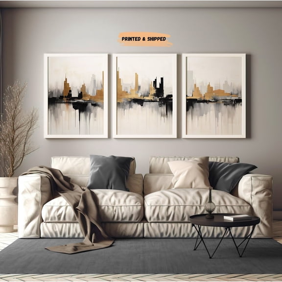 Golden City Skyline Abstract Wall Art Set 3 Unframed Paper Print 8x12