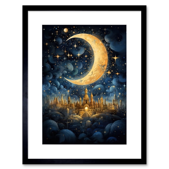 Golden City in the Clouds Surreal Artwork Blue Gold Crescent Moon Starry Night Fairytale Artwork Framed Wall Art Print 9X7 Inch