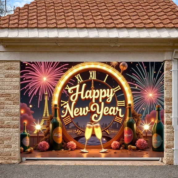 Golden Clock Design Happy New Year Banner Fireworks Pattern New Year Display Champagne Bottle Decor Eiffel Tower  Celebration Backdrop for New Year Party New Year Eve Celebration Holiday Gathering