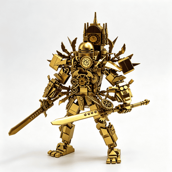 Golden Clockwork Mecha Building Blocks Set, 550 Pcs Sci-Fi Robot Model Kit, Collectible Action Figure with Sword and Gear Armor for Teen Adult