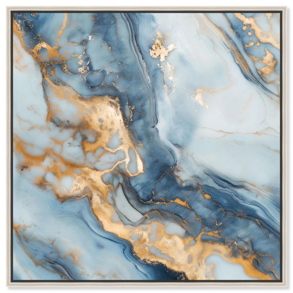 Golden Cloud Marble Canvas Blue Abstract Art by Art Remedy, Silver Frame, 40 x 40
