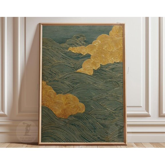Golden Cloud Wave Landscape Wall Art, Unframed Paper Poster 24x36in