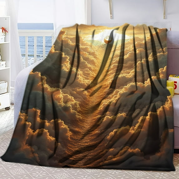 Golden Clouds Egg-Shaped Flannel Blanket - Van Gogh-Inspired Art, All-Season Soft Bedspread for Adults &, Cozy Travel/Camping/Nap Throw, Decorative Gift (Golden/Green/Brown) - Contemporary Bed Cover,